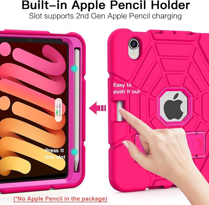 Grifobes Case for iPad mini 7th 2024 (A17 Pro) / Mini 6th Generation 2021 8.3", Heavy Duty Shockproof Cover with Pencil Holder Stand, for i Pad Mini 7/6 Gen 8.3 inch Case Girls (Hot Pink)