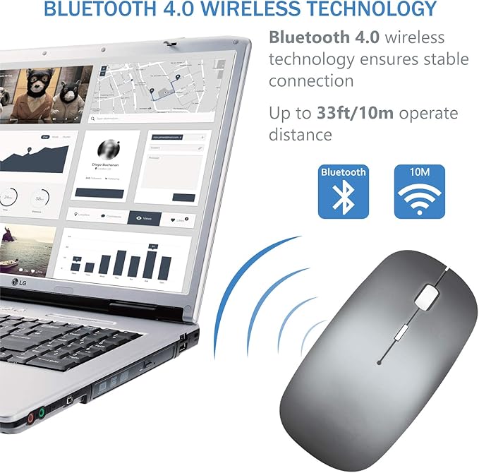 Bluetooth Wireless Mouse for MacBook Air Mac Pro Laptop Computer iPad Pad PC Laser Optical Rechargeable Mini Slim Silent Mouse Widely Used Desktop Hp iMac (Gray)
