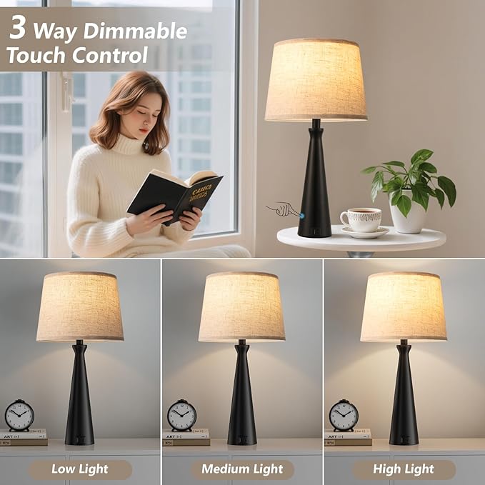 Seealle Modern Table Lamps Set of 2 - Touch Bedside Lamp for Nightstand with Dual USB C+A,3-Way Dimmable Nightstand Lamps for Living Room Bedroom End Table with Beige Shade(Bulb Included)
