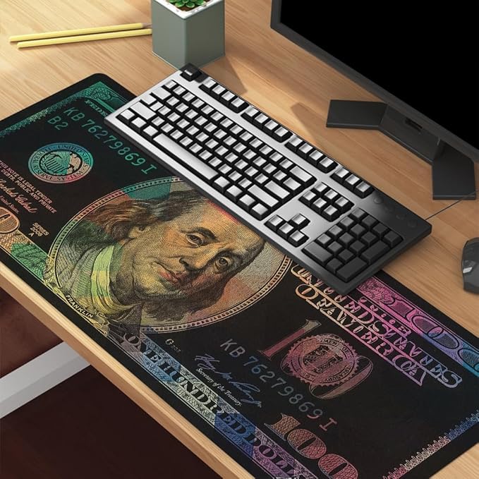 Cool Men Money Rectangle Mouse Pad Non Slip Rubber Base Funny US Dollar Full Desk Mouse Pad 100 Dollar Bills Gaming Keyboard and Mouse Pad for Laptop Computers Office Home Desk 31.5“x15.7