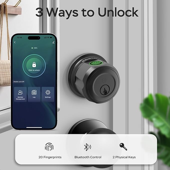 GeekTale Smart Deadbolt, Fingerprint Deadbolt Lock, Fingerprint Door Knob with Lock, Keyless Deadbolt, Keyless Entry Door Lock with App, for Front Door, Garage, Easy Installation