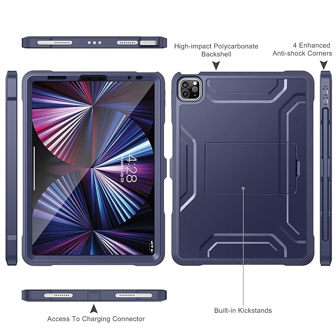 Soke Case for iPad Pro 11 Inch 2022/2021/2020/2018/iPad Air 5th/4th Generation,Built-in Screen Protector - Support 2nd Apple Pencil Charging - Heavy Duty Rugged Protective Kickstand Case - Navy
