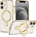 Compatible with iPhone 12 Case with Magnetic Ring Stand [Compatible with Mag-Safe] [Full Camera Lens Protector] Soft Plating Phone Case for iPhone 12 6.1", White