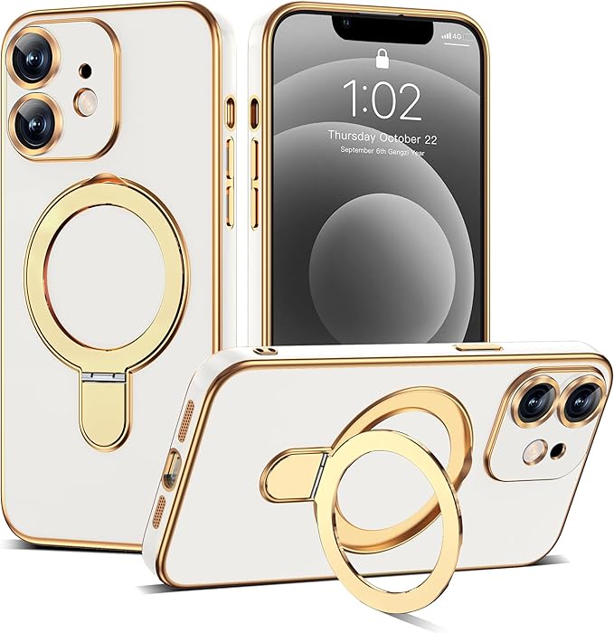 Compatible with iPhone 12 Case with Magnetic Ring Stand [Compatible with Mag-Safe] [Full Camera Lens Protector] Soft Plating Phone Case for iPhone 12 6.1", White