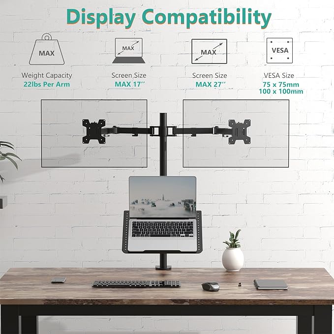 WALI Triple Arm Laptop and Dual Monitor Desk Mount for 17" Notebook and Up to 27" Screens, Extra Tall Adjustable Monitor Stand with Laptop Tray, VESA 75x75 100x100, Black (M002XLLP)