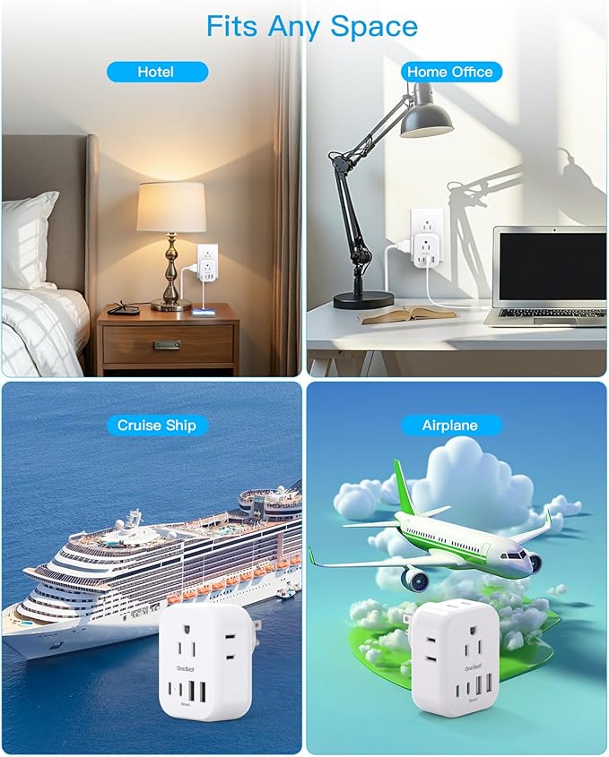 Travel Cruise Ship Essentials, Multi Plug Wall Outlet Extender with 4 Outlets 4 USB (2 USB-C), Cruise Approved Power Strip Non Surge Protector, Plug Adapter, Travel Cruise Must Have Accessories
