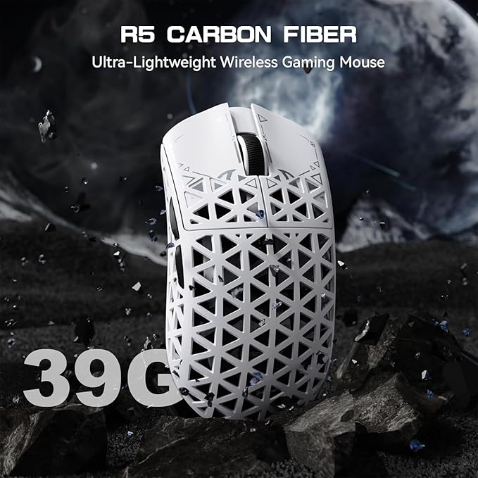 ATTACK SHARK R5 Ultra Wireless Gaming Mouse,39g Superlight Carbon Fiber Hollowed-Out,PAW3950MAX Optical Sensor Nordic 52840 MCU 8K Polling 42K DPI,BT/2.4G/USB-C Mice with Coiled Cable for PC/Mac-White