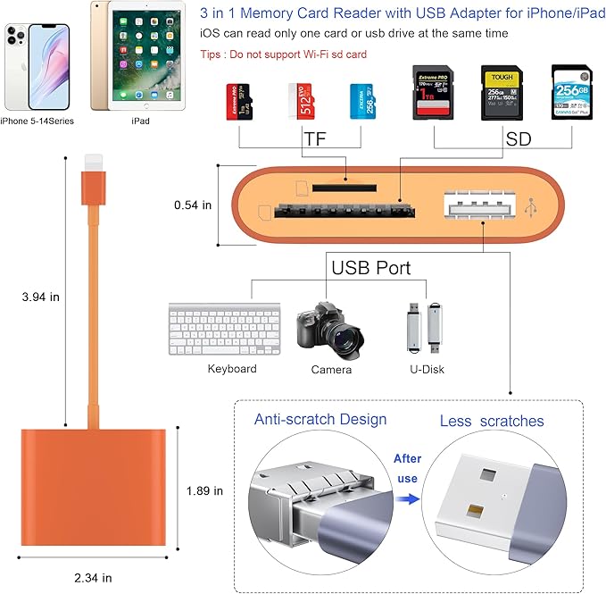 SD Card Reader, USB 3.0 Type C High Speed to SD/TF Card Adapter for iPhone 17/16/15 Pro Max Memory Card Reader with SD MicroSD USB 3 Port for Mac/iPad/MacBook Pro/Air Android Phone Tablet (Orange)