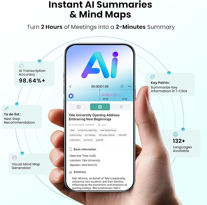 AI Voice Recorder, Note Taking Device, Transcribe & Summarize, Voice Recorder With Display, App Control, Supports 132+ Languages, 100H, 64GB, Magnetic Audio Recorder for Lectures Meetings Calls,Silver