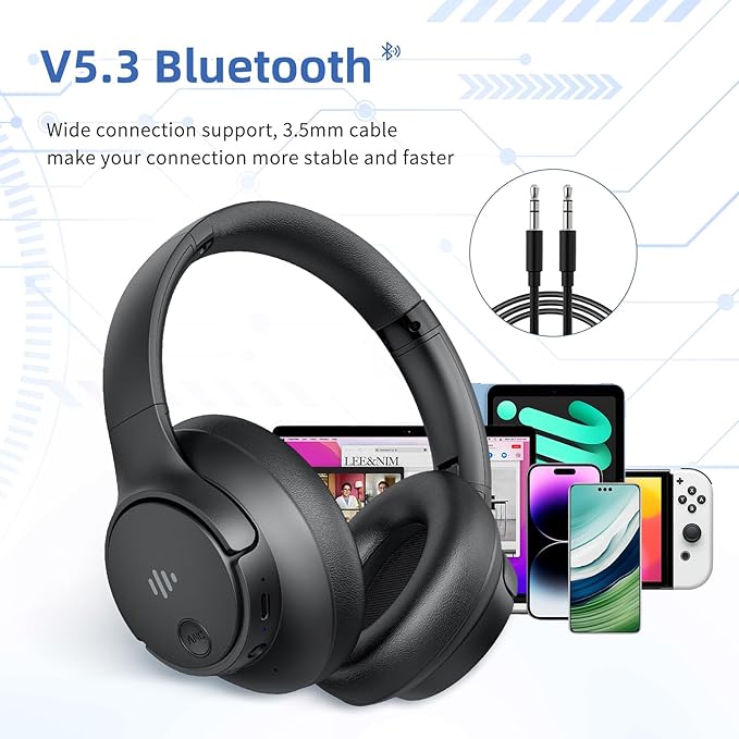 Eduiosma Active Noise Cancelling Headphones, Wireless Over Ear Bluetooth Headphones with Microphone, Transparency Mode, 70H Playtime, Hi-Res Audio, Deep Bass, Bluetooth 5.3, Lightweight Design,Black