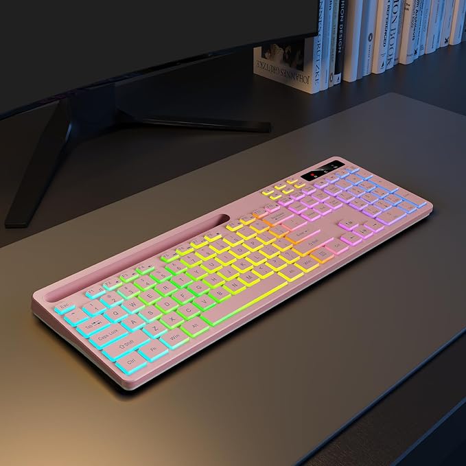 Soueto Wireless Keyboard with 7-Color RGB Backlit, Full-Size Computer Keyboard with Phone Tablet Holder, 2.4G Rechargeable Gaming Keyboard with Light Up Keys, Compatible with Mac, Windows (Pink)