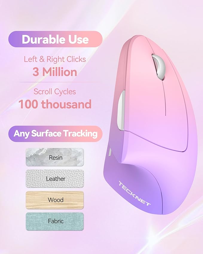 TECKNET 2.4G Ergonomic Mouse Vertical Wireless - 4800 DPI Optical Carpal Tunnel Mice Right Hand, 4800 DPI Adjustable, Quiet Clicks, 6 Buttons for Laptop, Desktop, PC, Computer - Pink Purple