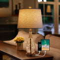 OYEARS 23" USB A+C Table Lamp for Bedroom Living Room Modern Bedside Lamps Retro Farmhouse Rattan Glass Nightstand Nightlight Lamps,Two Light Points
