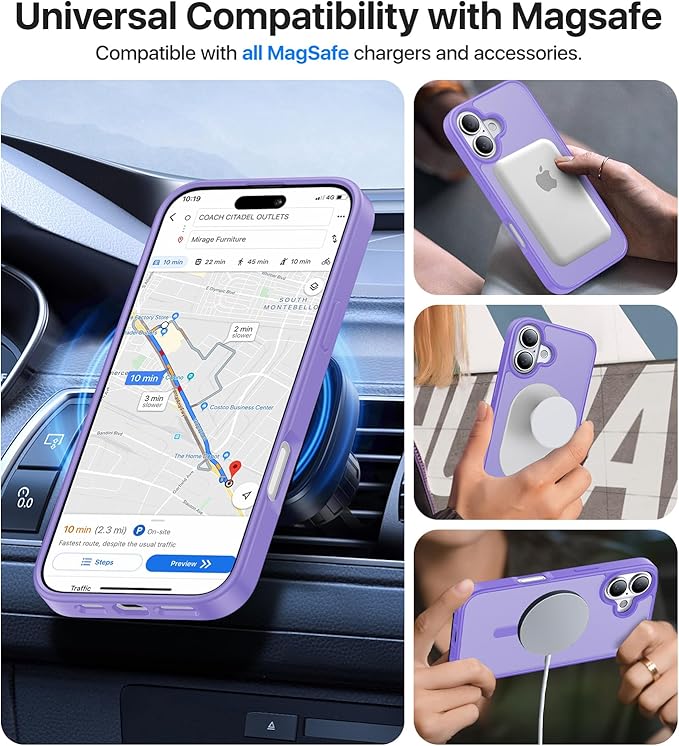 Magnetic for iPhone 16 Case, [Compatible with MagSafe][Military-Grade Drop Protection][Anti-Yellowing] Shockproof Protective Translucent Matte Cover for iPhone 16 Phone Case,Light Purple