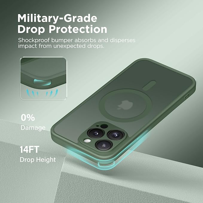 CAPRARO Magnetic for iPhone 14 Pro Case, [Compatible with MagSafe] [Full Camera Protection] Shockproof Protective Slim Translucent Matte Phone Case for iPhone 14 Pro 6.1'', Deep Green