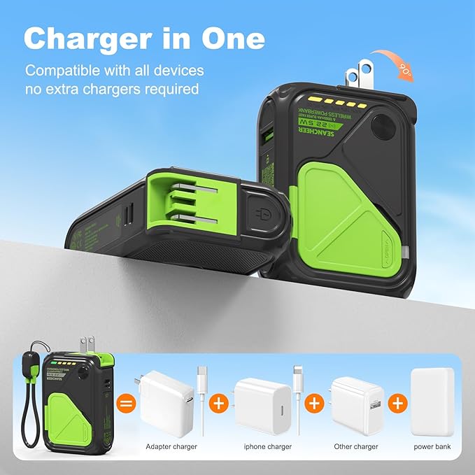 SEANCHEER P05 Portable Charger, Magnetic Power Bank, Small Wireless PowerBank,Emergency Battery Pack 10000mAh Travel Essentials Fast Charging with Built in Cable, Wall Plug for iPhone,Samsung,Andriod