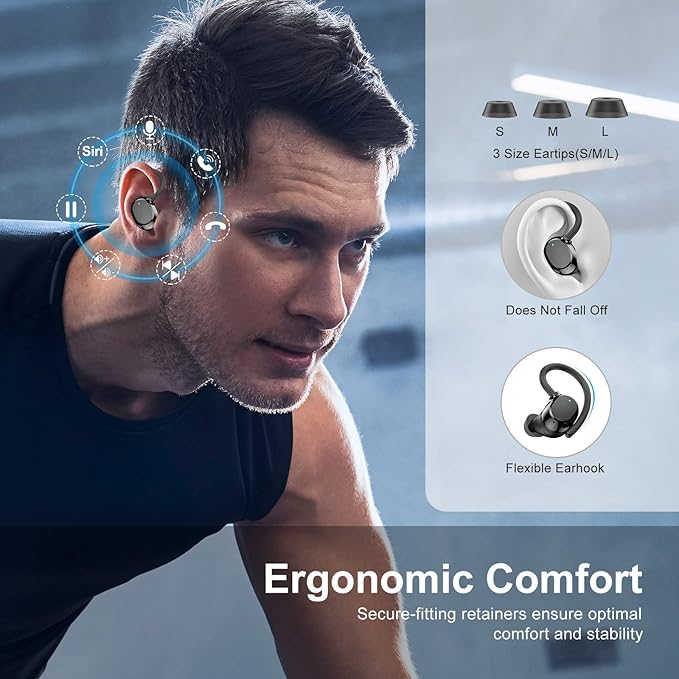 Wireless Earbuds for Small Ear, HiFi Stereo Sport Bluetooth 5.3 Headphones with Earhooks, 48H Deep Bass Ear Buds with LED Display, Noise Cancelling, IP7 Waterproof Earphones Built-in Mic for Running