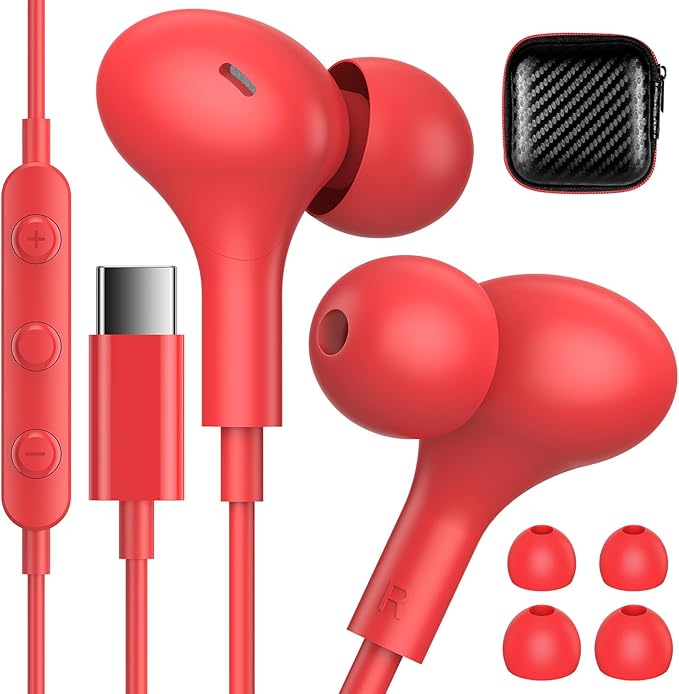 iMangoo for Apple USB C Wired Headphones, Hi-Fi Sound Corded Earbuds, Ergonomic Small in Ear Buds for iPhone 17 Pro Max/17e/16 Plus/16e/15, for Samsung S26/S25 Ultra/for Pixel Type C Earphones Red