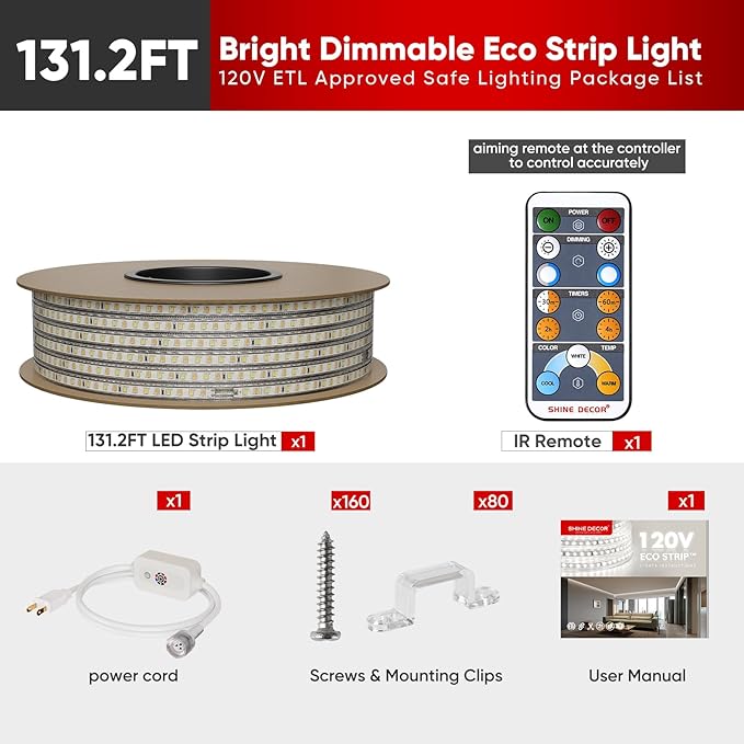 Shine Decor LED Strip Light Connectable, CCT 2800-6000K Warm-Cool Changing Tone for Room, 131FT 120V Plug-in Outdoor Rope Lighting Cold Resistant Waterproof ETL Listed, Remote Timer Available