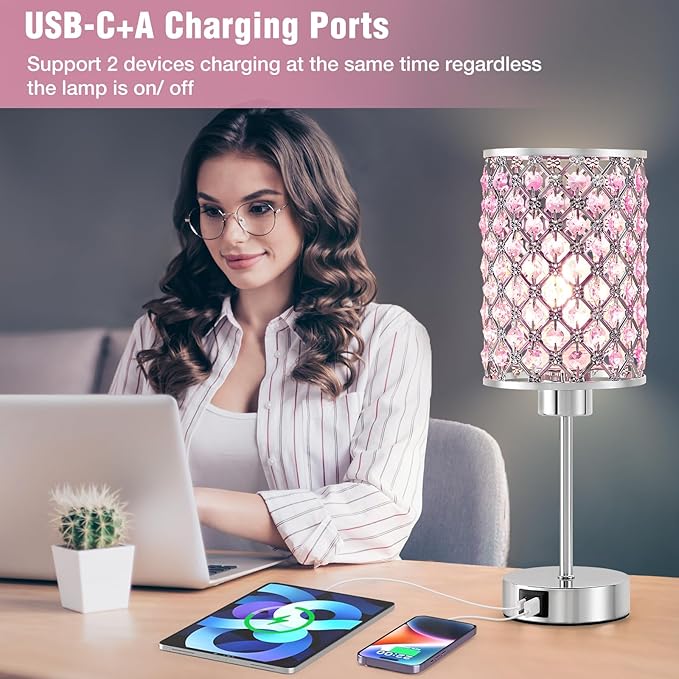 GyroVu Crystal Table Lamp, Pink Touch Lamp with USB C+A Ports, Dimmable Lamp with Crystal Shade, Bedside Lamp Small Lamp for Girl Bedroom, Living Room(Buld Included)