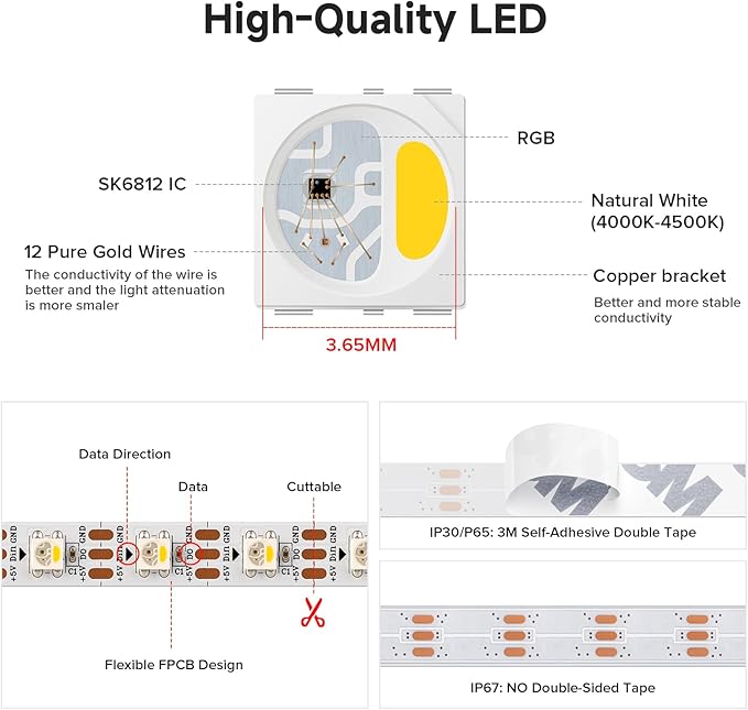 BTF-LIGHTING SK6812(Similar WS2812B) UL Listed RGBW RGB+Natural White(4000K) Individually Addressable DC12V 16.4FT 60LED/m 4 Color in 1 Light Dream LED Strip IP65 White PCB(No Adapter or Controller)