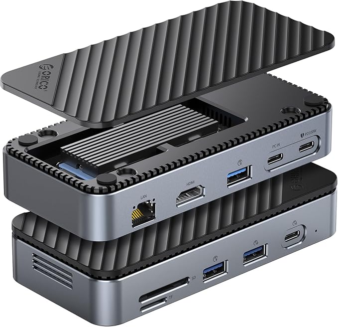 USB C Hub with M.2 SSD Enclosure, New Upgrade ORICO 10-in-1 USB-C Docking Station with Built in fan, 10Gbps USB 3.2 Gen2 M.2 NVMe SSD Reader, Support 4K@60Hz HDMI, 100W PD, Ethernet, SD/TF - DPM2P9-V1