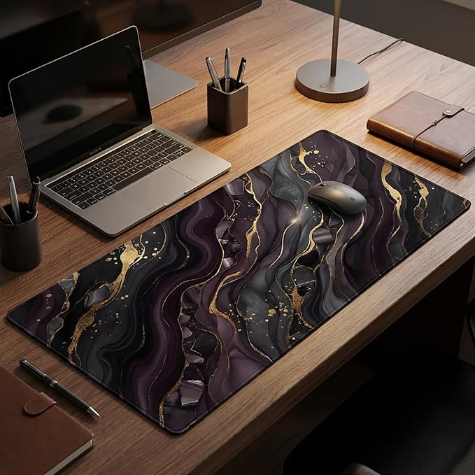 AQQA Purple Marble Desk Pad - Abstract Gold Foil Large Gaming Mouse Pad - XL Non-Slip Rubber Base Keyboard Mat - Aesthetic Desk Mat for Office & Home Decor - Extended Water-Resistant Table Protector