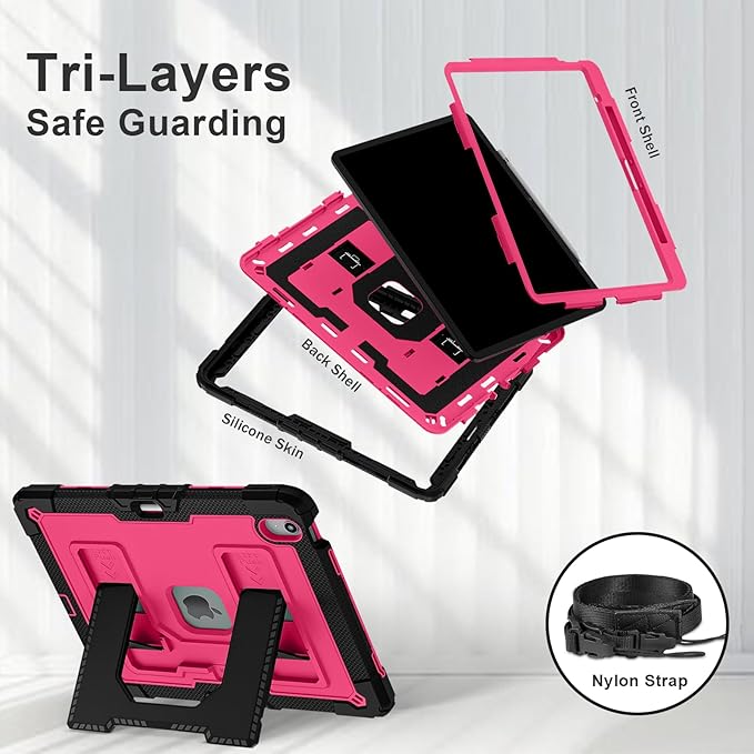 Kids Friendly Case for iPad Air 13 Inch M4 M3 M2 2026/2025/2024 Case with Pencil Holder & Shoulder Strap, Military Grade Shockproof Kickstand Hard Shell Protective Cover,Black+Rose