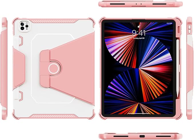 Rotating Case for iPad Pro 12.9" 6th/5th/4th Gen 2022/2021/2020 Smart Cover with Pencil Holder, Techcircle Hybrid TPU+PC Magnetic Cover Soft Bumper Slim Folio Shockproof Protective Case-Baby Pink