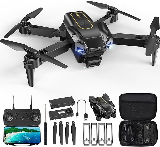 Drone with 1080P Camera, Christmas Mini Foldable Drone for Adults and Beginners, Headless Mode, Altitude Hold, One Key Start/Landing, 360° Flips, Speed Adjustment (Matte Black)