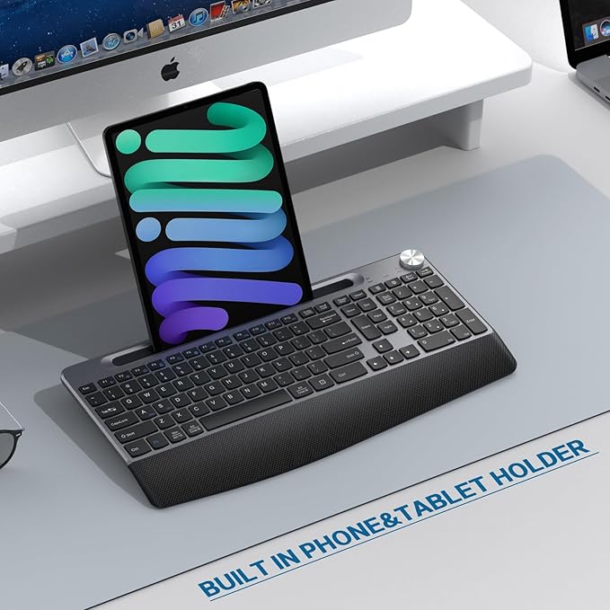 GAMCATZ Ergonomic Wireless Keyboard with Wrist Rest-Low-Profile,Phone/Tablet Holder,Quiet Design，Windows & Mac OS，Full Size Cordless USB Computer Keyboard for Desktop,Laptop, PC, Mac, Windows-Black