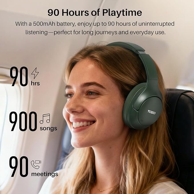 TOZO HT3 Hybrid Noise Cancelling Headphones, 90H Battery Life Wireless Over Ear Bluetooth 6.0 Foldable Headset, AI Voice Assistant with 5 Mics, Connect 2 Devices and Hi-Res Sound, 32 EQ Audio Presets