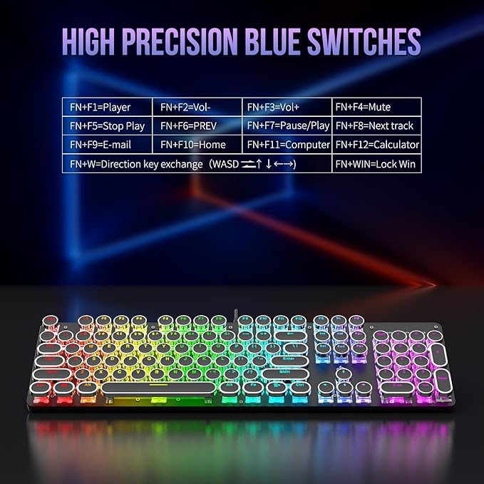 Typewriter Mechanical Gaming Keyboard with RGB Backlit Red Switches, 104 Keys Retro Round Keycap, Wired Typewriter Style Comfortable Typing Soud (R-Black)