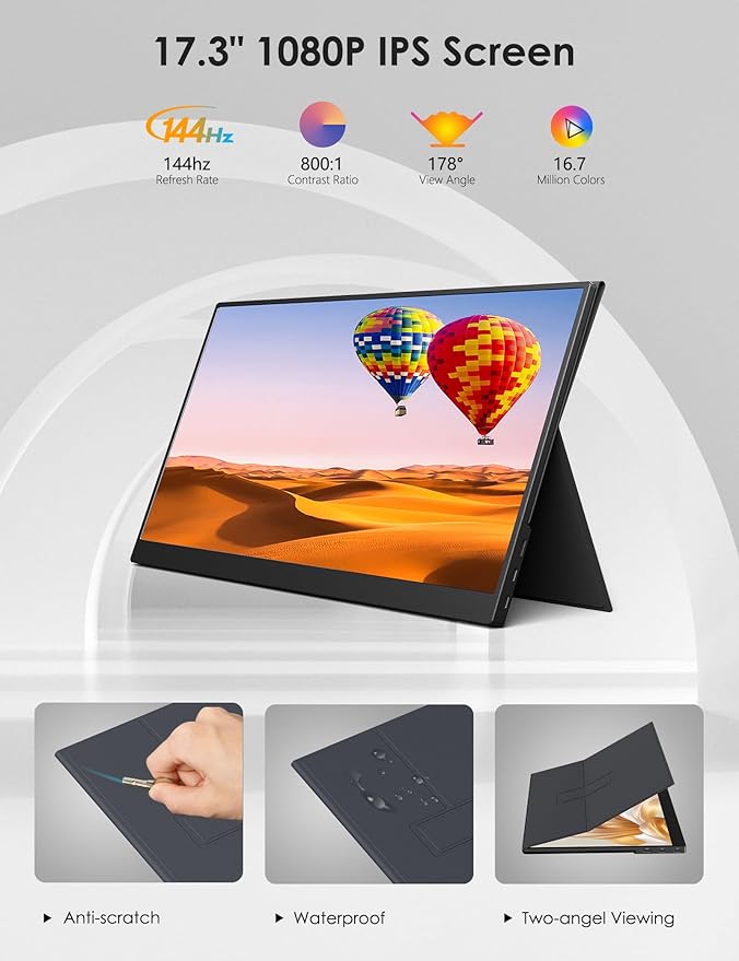 Anyuse 17.3" Portable Monitor, 1080P FHD, 144Hz, IPS HDR Screen, Travel Monitor for PC Mac Phone Xbox PS5 Switch Laptop, Smart Cover & Speakers