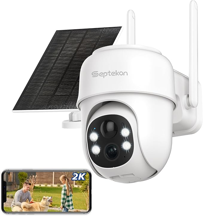 Septekon 360°PTZ Security Cameras Wireless Outdoor, Solar Battery Powered Cameras for Home Surveillance, 2K 2.4G WiFi Camera with Spotlight, Motion Detection, Siren, Color Night Vision, IP66, White