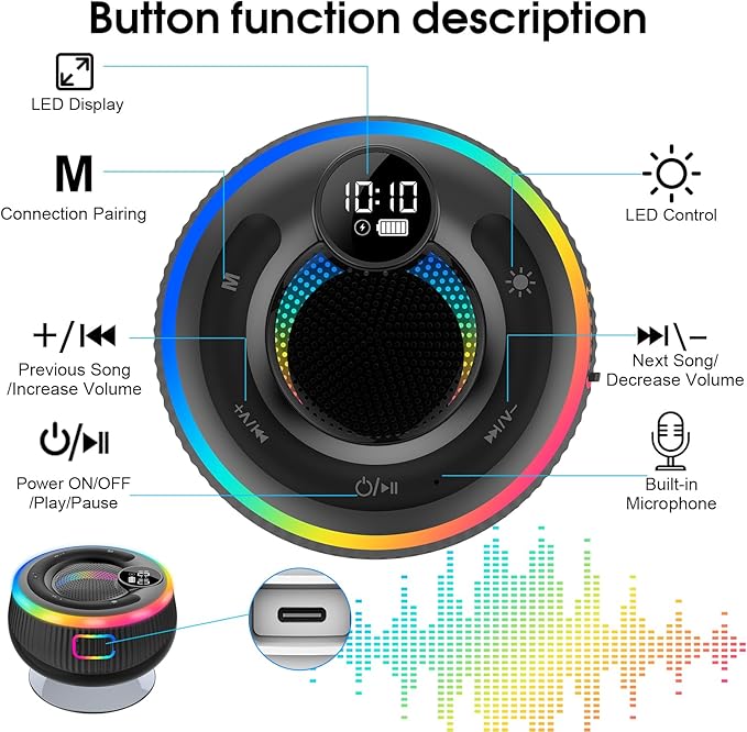Portable Bluetooth Shower Speaker with Lights, Bluetooth 5.3, Small Wireless Speaker for Outdoor, Blue