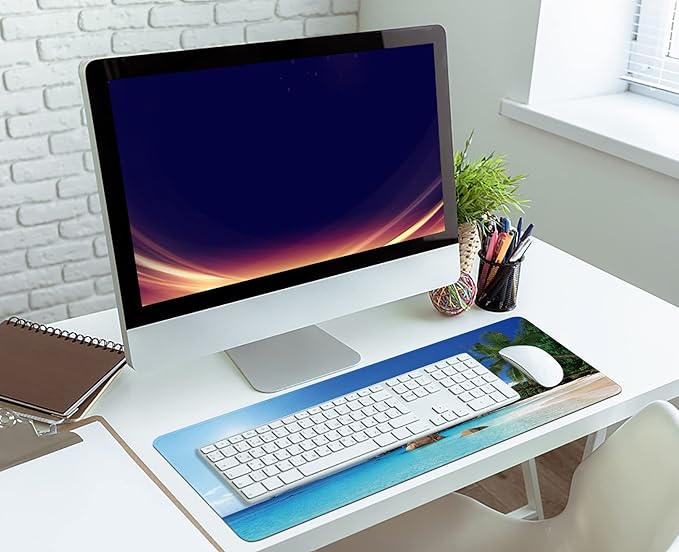 Ocean Desk Mat,ANSE Lazio Beach at Praslin Island Extended Gaming Mouse Pad,Large Non-Slip Rubber Base Mousepad with Stitched Edges,Waterproof Mouse Mat Desk Pad for Office Game Home 35.4x15.75 in