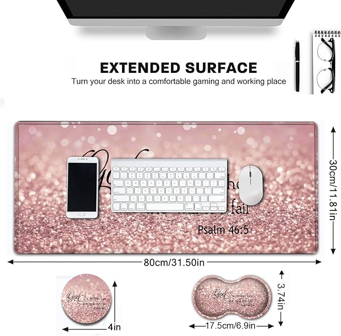 Large Gaming Mouse Pad, Extended Waterproof Desk Pad Protector (31.5" x 11.8") Ergonomics Memory Foam Mouse Wrist Rest Support, for Home Office Laptop Easy Typing, Psalm 46:5 Bible Pink Mouse Mat