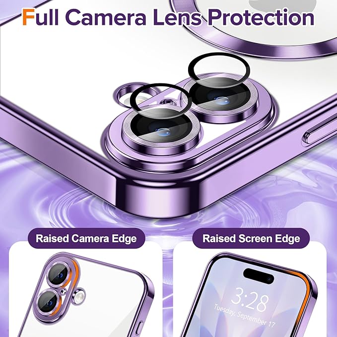 Hython Magnetic Clear for iPhone 17 Case with Camera Lens Protector [Compatible with MagSafe] Luxury Plating Edge Slim Soft TPU Cover Protective Phone Case for iPhone 17 6.3", Deep Purple