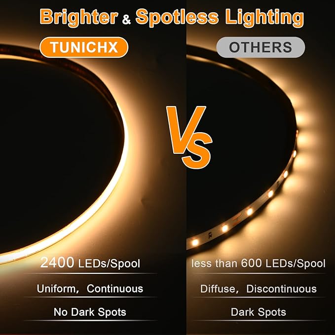 COB LED Strip Lights DC 12V LED Strip Flexible Super Bright LED Strips,16.4ft 3000K Warm White,CRI 90+,2400LEDs High Density Uniform Light for Home Room Decor (No Adapter or Controller)