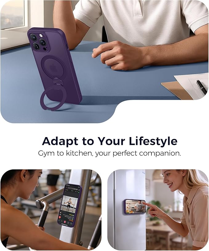 FNTCASE for iPhone 13 Pro Case: [360 Spin Magnetic Stand] [Compatible with Magsafe] [Screen Protector] Translucent Matte Military Grade Shockproof Full Camera Protective Phone Cover - Purple