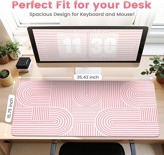 iCasso Pink Desk Matt for Desktop, Cute Desk Pad Mat, Large Mouse Pad, Anti-Slip Big Mousepad with Stitched Edges, Keyboard Pad for Computer(Pink)