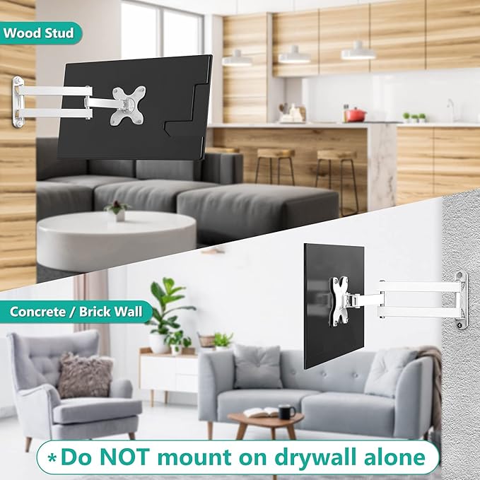 WALI TV Wall Mount Articulating LCD Monitor Full Motion 15 inch Extension Arm Tilt Swivel for Most 13 to 32 inch LED TV Flat Panel Screen with Mounting Holes up to 100x100mm (1330LM-W), White