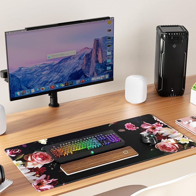 KTRIO Large Gaming Mouse Pad Desk Mat, Superior Micro-Weave Cloth, Non-Slip Rubber Base, Stitched Edges, Water-Resistant, for Gamer, Office & Home, 31.5 x 15.7 Inch，Peony Flower
