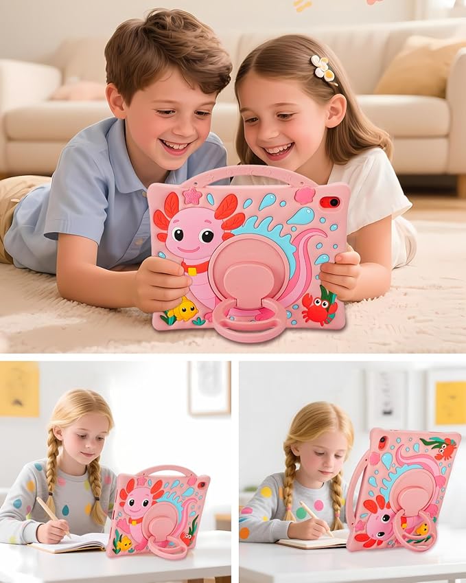 Kids Case for iPad Air 11 Inch 6th (M2 M3) / iPad Pro 11" 4th/3rd/2nd/1st / iPad Air 5/4 10.9", Axolotl Cute Silicone Cover with 360 Rotating Stand, Detachable Strap & Stylus Holder (Pink)