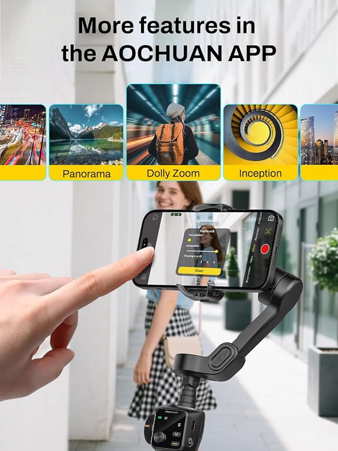 AOCHUAN 3-Axis Gimbal Stabilizer for iPhone, Smartphone Gimbal w/7.8" Extension Rod, OLED Display, Phone Stabilizer w/Face Tracking, Gesture Control, Video Record for iPhone & Android - Smart V8 Black