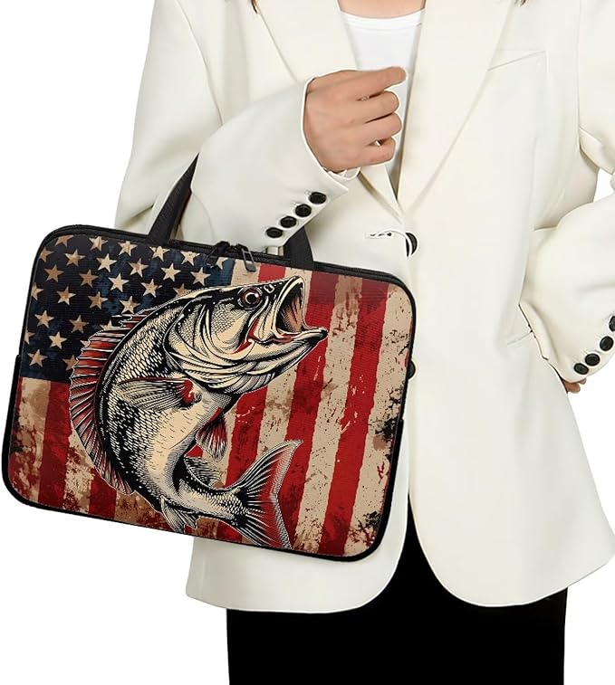 American Flag Fish Laptop Sleeve, Shockproof Laptop Tote Bag, Computer Bag Fits Up to 17 Inch, Zipper Tablet Sleeves Carrying Case for 4th of July USA 250 Years, Notebook Briefcase