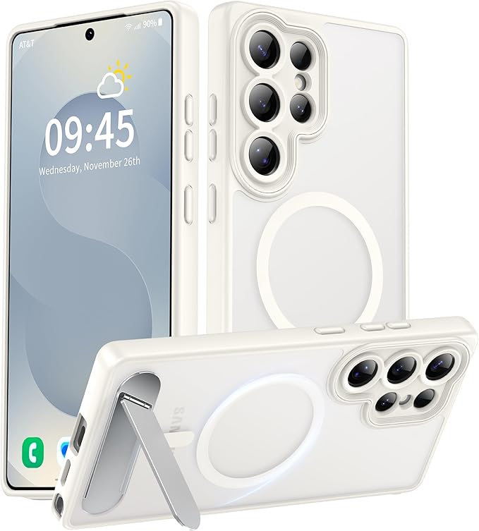 Magnetic for Samsung Galaxy S25 Ultra Case, [Compatible with MagSafe][Full Camera Protection][Built-in Invisible Kickstand] Translucent Matte Phone Case for S25 Ultra 6.9" - White