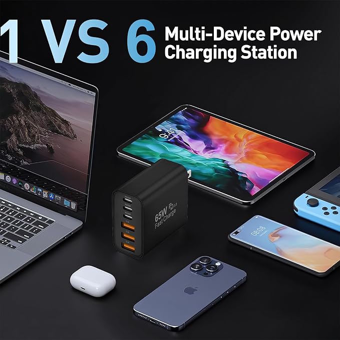USB C Charger Block,65W 6-Port USBC Charging Block,Wall Charger iPhone Charger Fast Charging,Multiport Type C PD+QC Power Plug for All iPhone 17 16 15 iPad Samsung S23 S24 iWatch Pixel Series (Black)