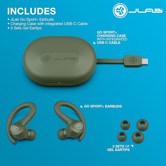 JLab Go Sport+ Wireless Workout Earbuds Featuring C3 Clear Calling, Secure Earhook Sport Design, 35+ Hour Bluetooth Playtime, 3 EQ Sound Settings, and IP55 Sweat Resistance (Green)